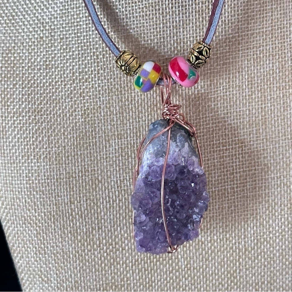 RUBYRUDI Artisan Raw Amethyst Wire Wrapped Pendant Necklace OOAK Leather Cord